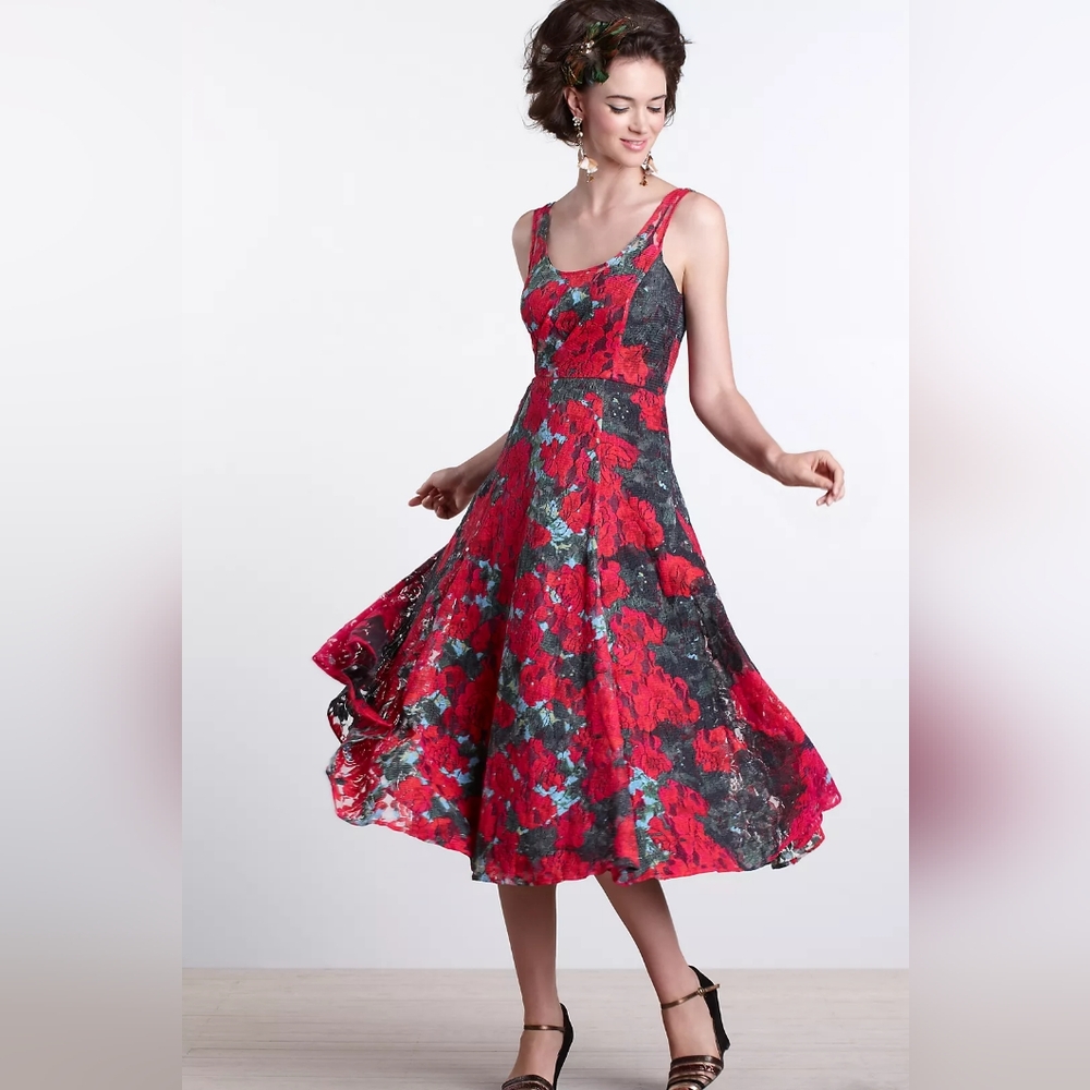 Anthropologie  Lace Tracy Reese Red Floral Lace  Gown Size 4